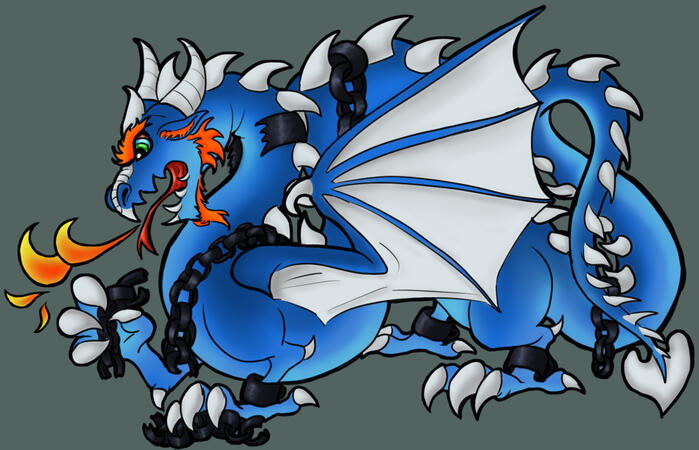 "Chainbreaker." Logo of my TTRPG group's IC gang. Represents resisting systems of oppression. A blue dragon drawn in a tattoo/street art style with bold line art, spitting stylized flames, coiled to strike while breaking its black iron shackles.