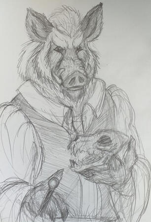 Pencil Sketch of my Wild Boar design for Hamlet, holding dog-skull Yorick.