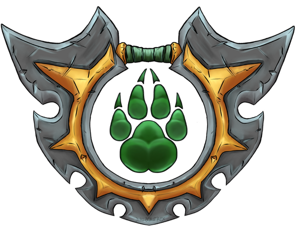 A stylized illustration of a circular, chakram-like blade with geometrically serrated edges, a gold embossed spiked inlay in the steel and green fabric wrapped handle at the top connecting the two 'wings' of the blade. A green pawprint sits in the middle,