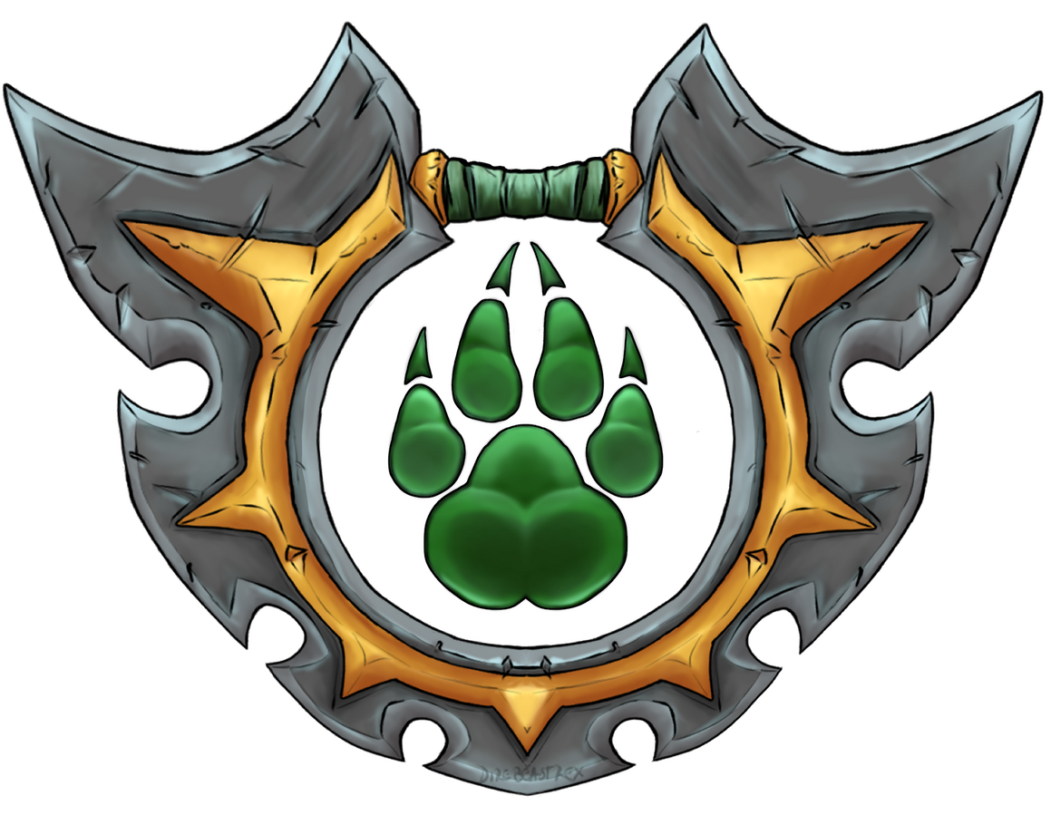 A stylized illustration of a circular, chakram-like blade with geometrically serrated edges, a gold embossed spiked inlay in the steel and green fabric wrapped handle at the top connecting the two 'wings' of the blade. A green pawprint sits in the middle,