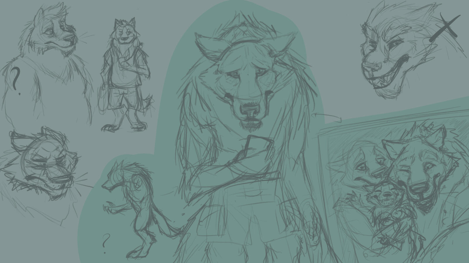 Iterations sketched while designing the subject of my team's Monster May 2021 projects, Mr. Calthorpe, single father of 3. Featured on the background of this card!