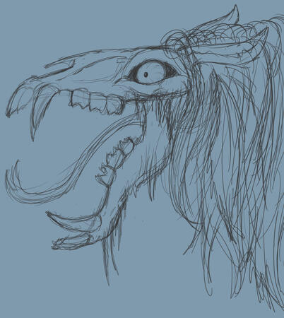 Sketch of Mari Lwyd - a figure in Welsh lore and subject of seasonal follies around Yule to this day. Here represented as a skeletal horse-like monster, with shaggy mane, naked eyeballs, predatory teeth and a serpentine, wagging tongue. Rough sketch/study.